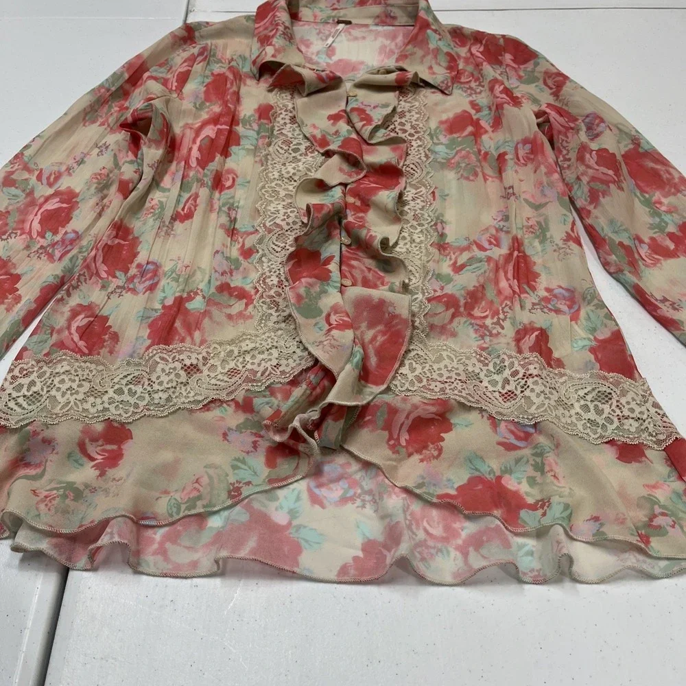 Free People Top Ivory Pink Floral‎ Ruffle Button Down Size M Victorian Feminine